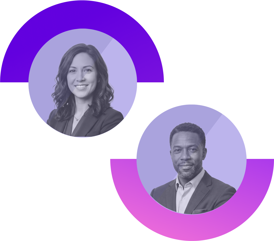 Portraits of two professionals inside circular frames with purple and pink semi-circle backgrounds.